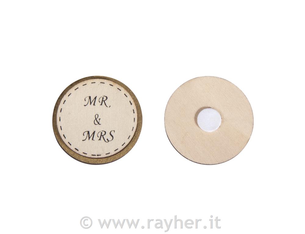 Wooden discs "Mr & Mrs", 3.5cm o, with adhesive dot, tab-bag 6pcs
