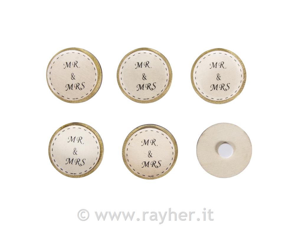 Wooden discs "Mr & Mrs", 3.5cm o, with adhesive dot, tab-bag 6pcs
