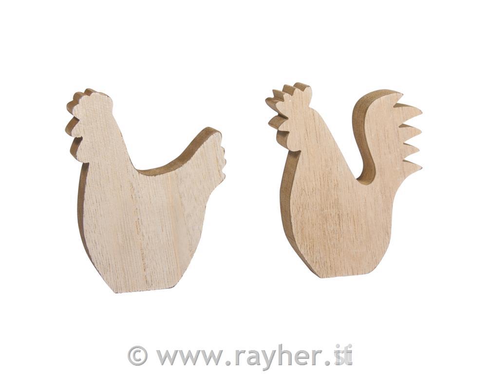 MDF deco gallina e gallo, 7x10x1,9cm, assortito, set 2pz