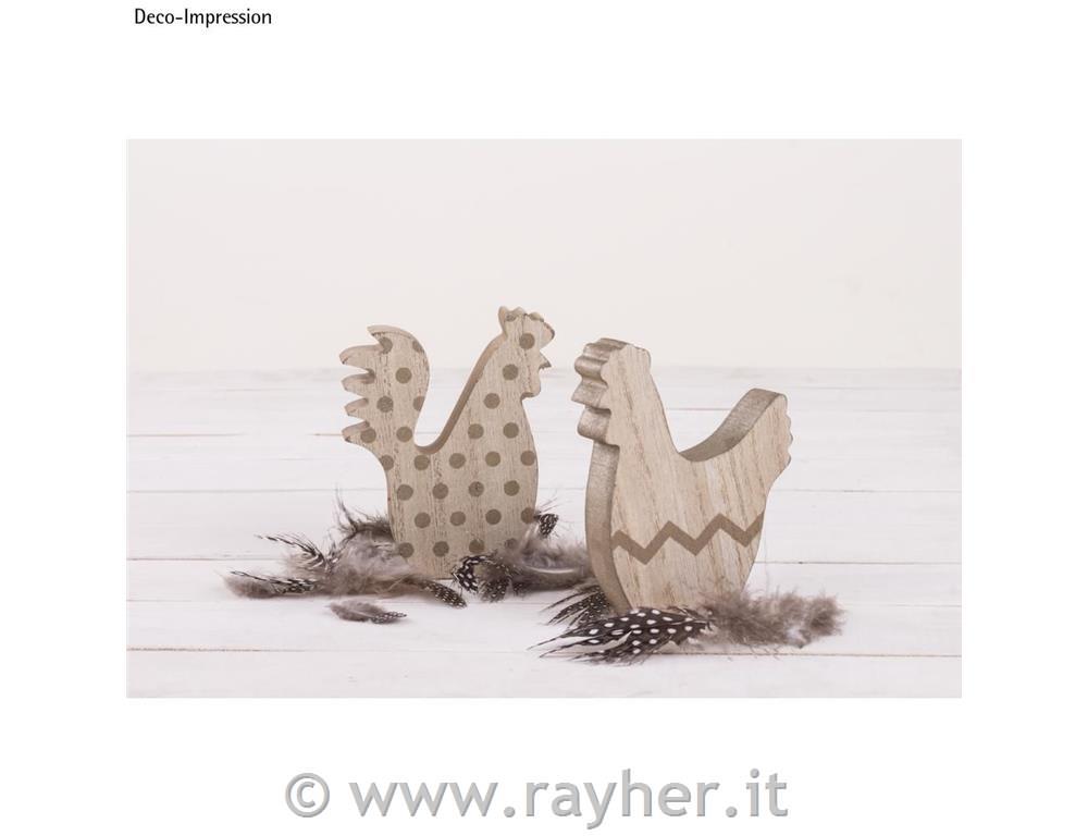 MDF deco gallina e gallo, 7x10x1,9cm, assortito, set 2pz