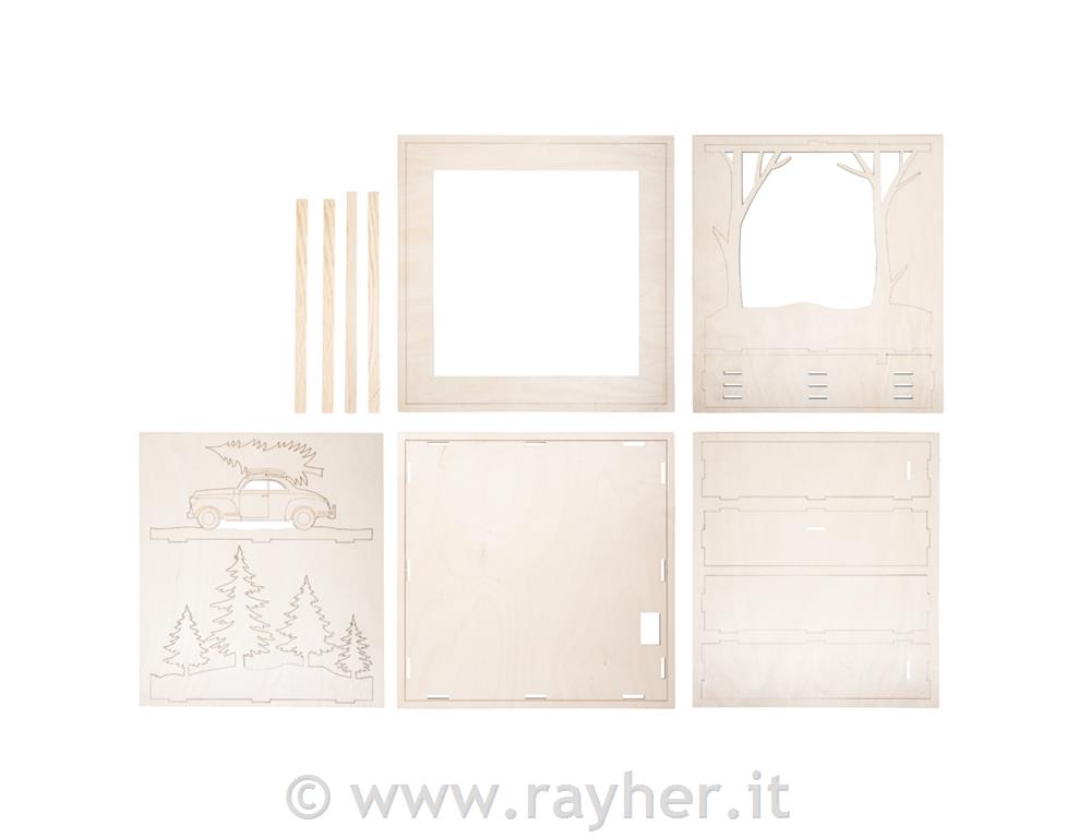 Kit legno cornici 3D, macchina, FSC100%30x30x6,6cm, 14pz, 1set