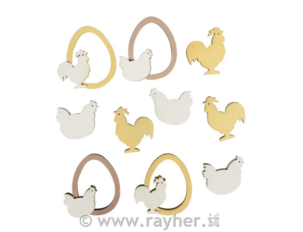 Miniature legno uovo e galline, 2,5-4cm,bus.blis. 10pz