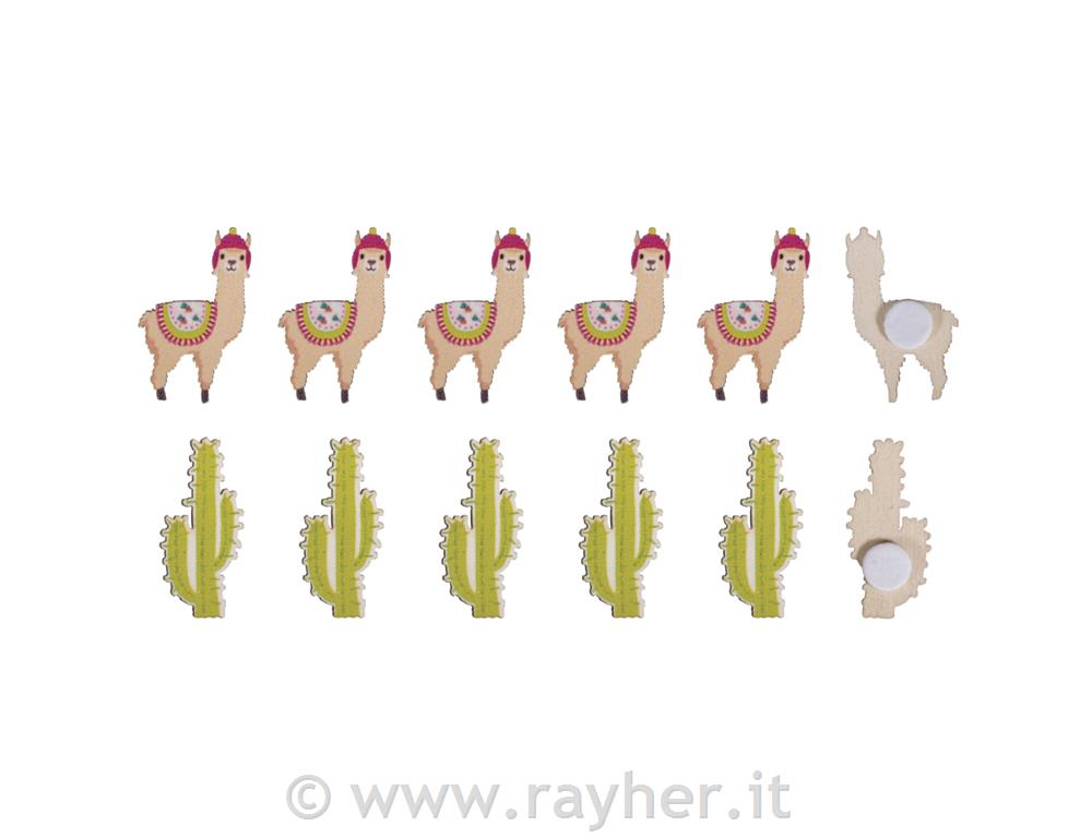 Wood.small objec.Llama+cactus w.adh.dots, 1.4-1.7 x 3cm, tab-bag 12pcs