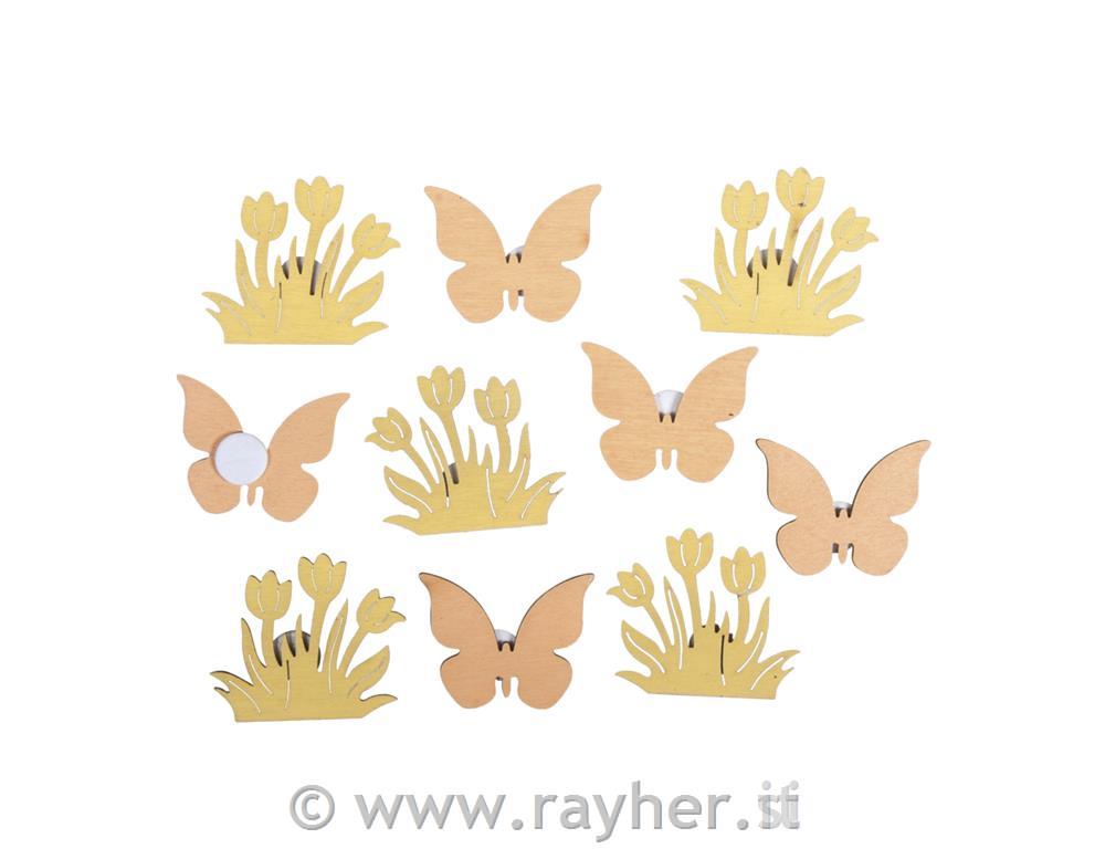 Small wood.objectFlower+butterfly, 3cm o, assorted w.adh.dots, tab-bag 10pcs