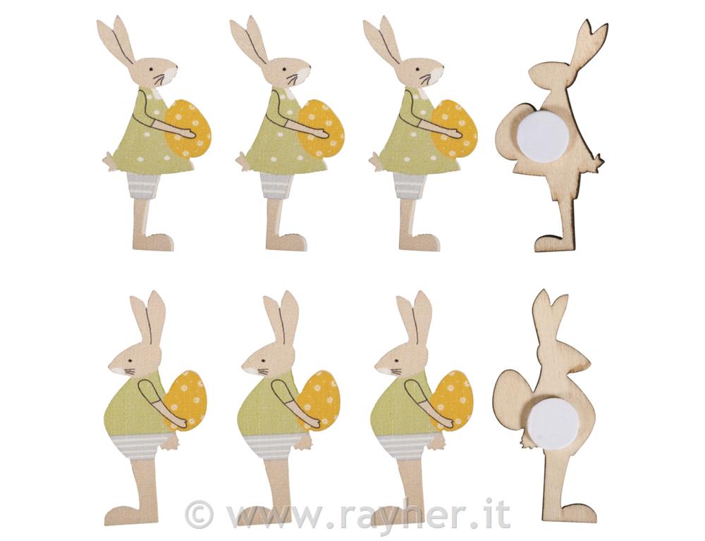 Miniature legno conigli pasqua c. punto,2x4,5cm, 2 tipi, bus.blis. 8pz