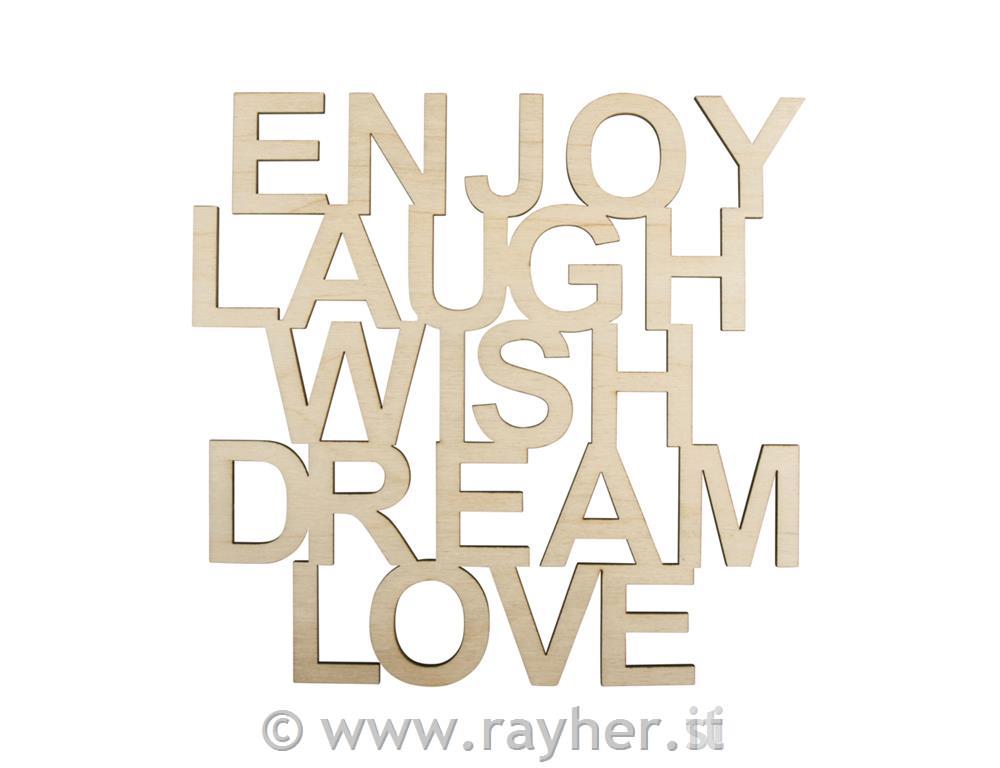 Scritta legno "Enjoy,Laugh,Wish" FSC100%, naturale, 18,7x18x0,4cm, bus.blis. 1pz