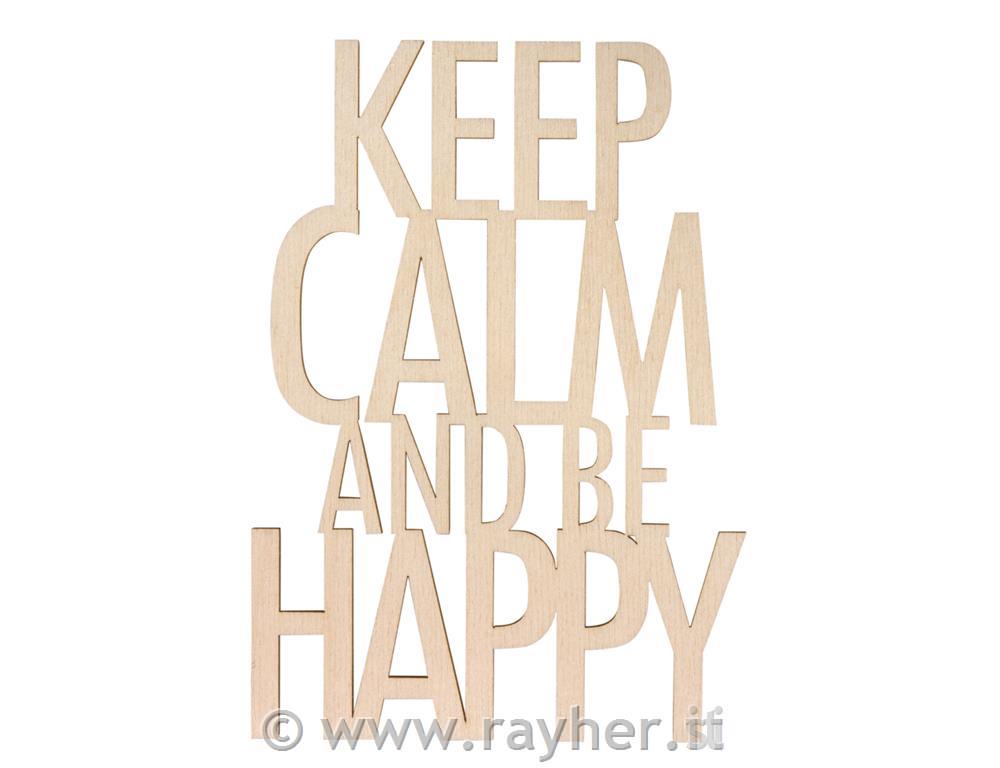 Wood font "Keep calm..be happy" FSC100%,natural, 12.1x17.2x0.4cm, tab-bag 1pc