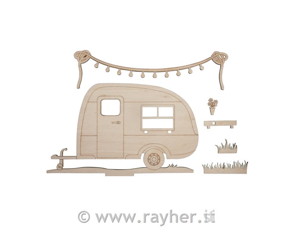 Wooden motif Caravan, FSC100%, natural,20x11.5x0.4cm, 6-part, tab-bag 1pc