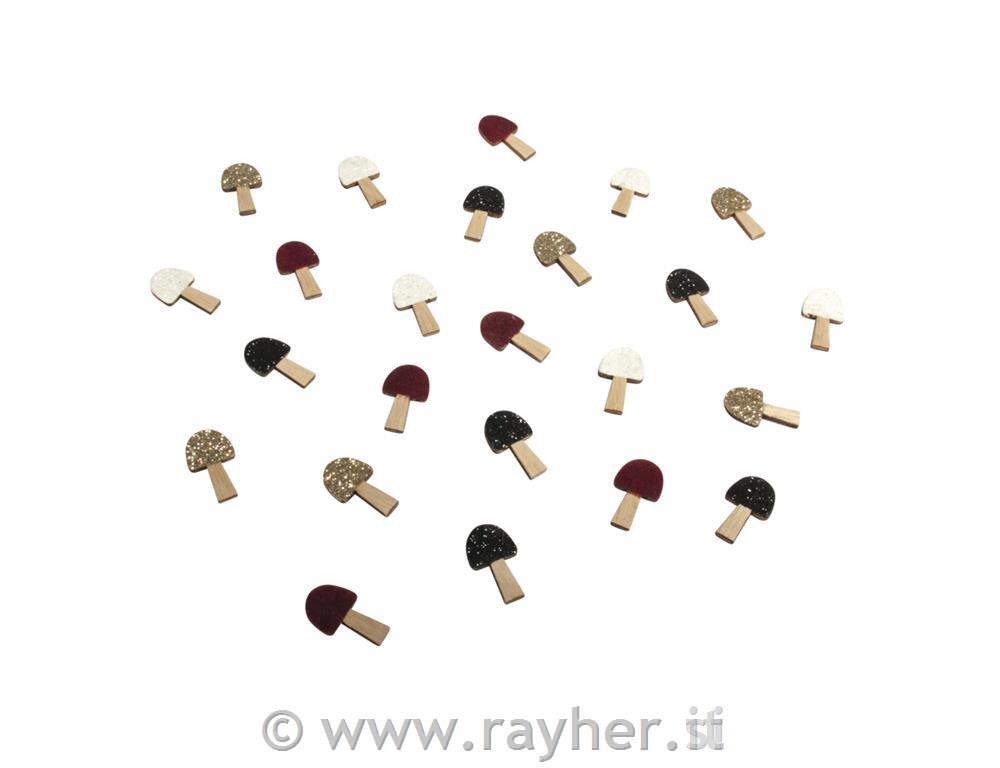 Small wood.trinkets Mushrooms w.adh.dots2.5x1.5cm, partly glitt., tab-bag 12pcs