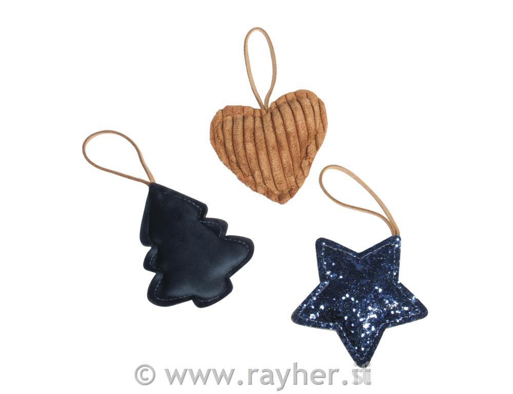 Obešanke smreka, srce, zvezda 7 cm, 3 kosi, temno modri