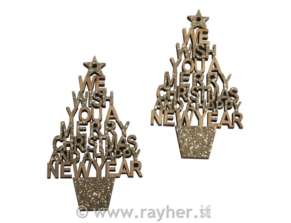 Miniature legno albero "Merry Christmas", 5x8,6cm, parz.glitterato,bus.blis. 2pz