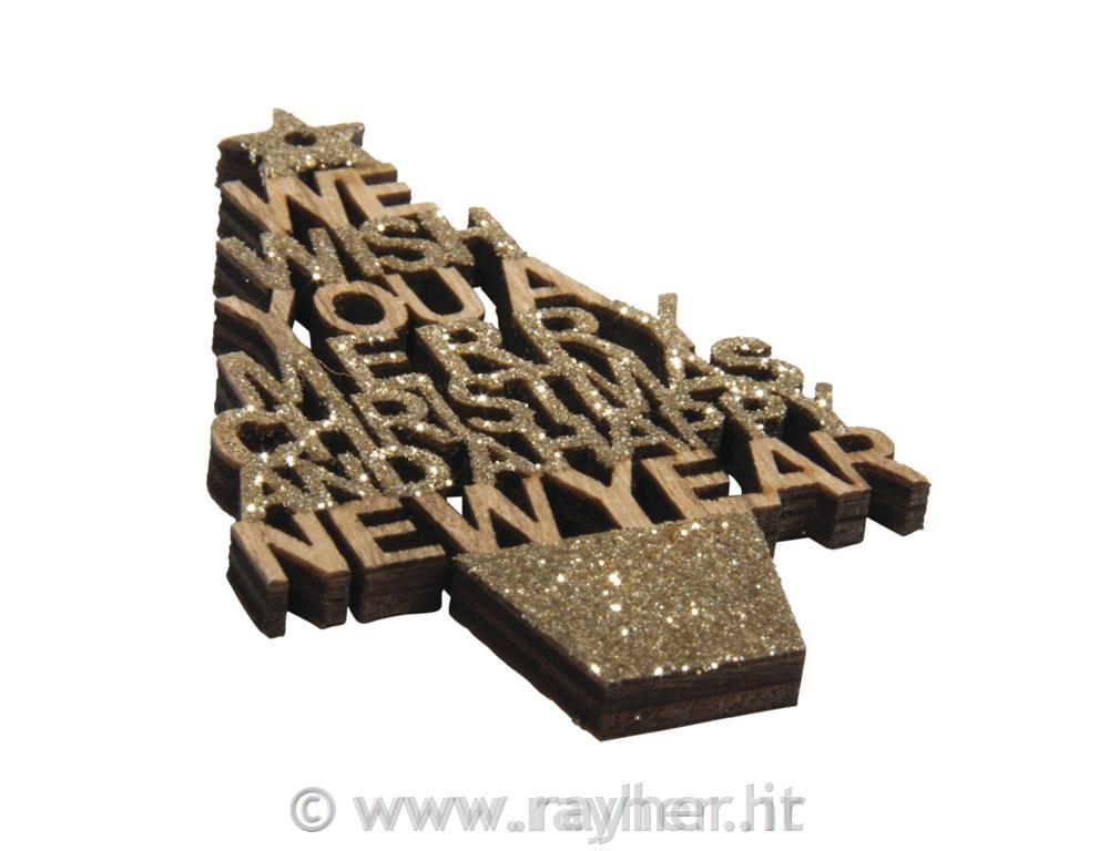 Miniature legno albero "Merry Christmas", 5x8,6cm, parz.glitterato,bus.blis. 2pz