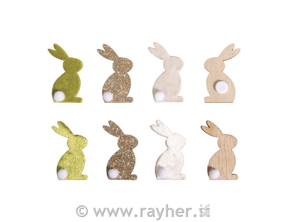 Miniature legno coniglietti, 2,5x4cm, c.punto adesivo, bus.blis. 8pz