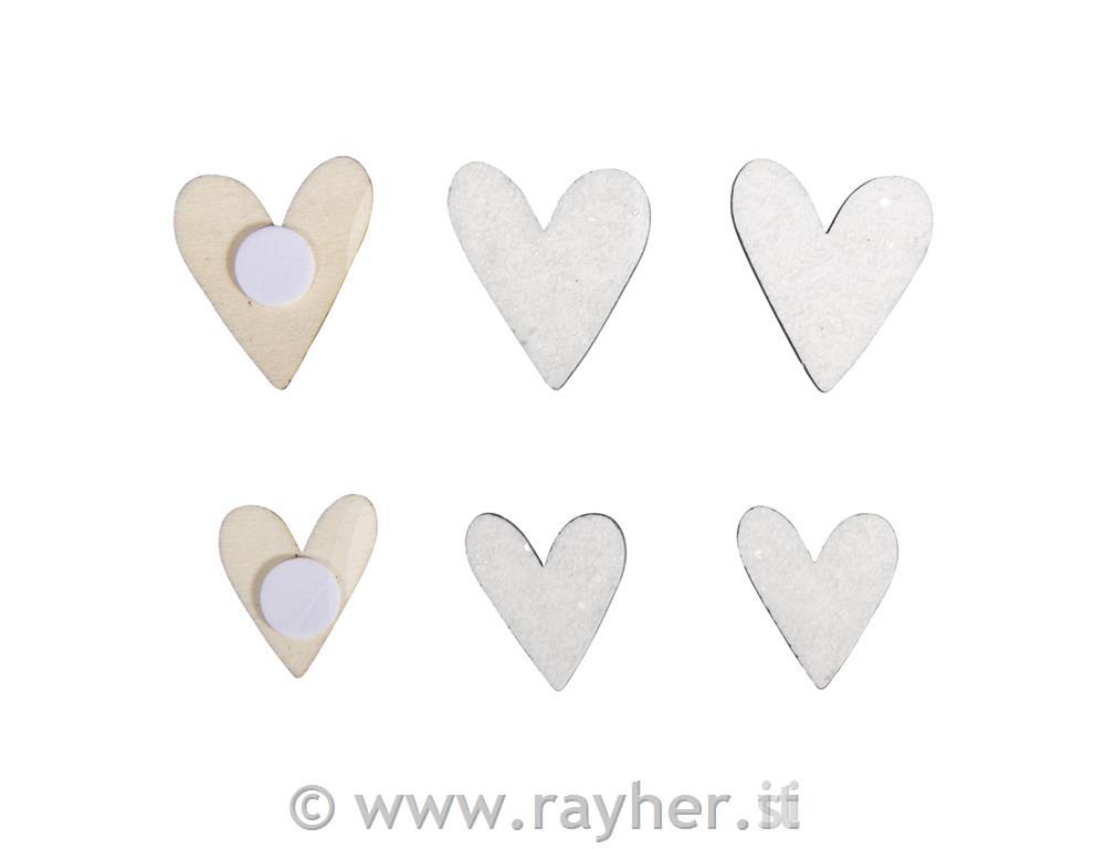 Miniature legno cuori glitter, bianco, assort. 2+3cm, bus.blis. 16pz
