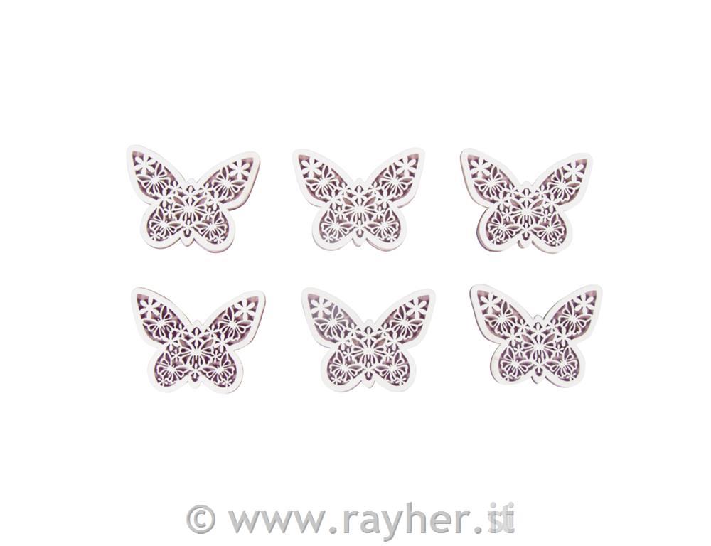 Farfalle legno, 5x4x0,5cm, c. punti ad.,bus.blis. 6pz
