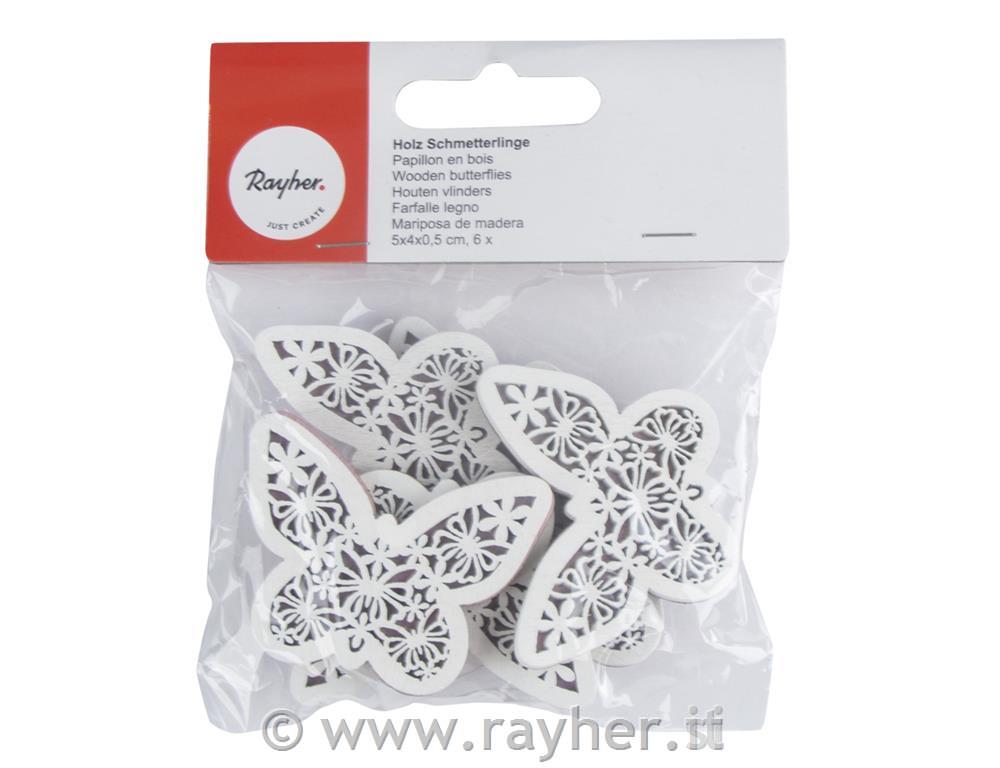 Farfalle legno, 5x4x0,5cm, c. punti ad.,bus.blis. 6pz