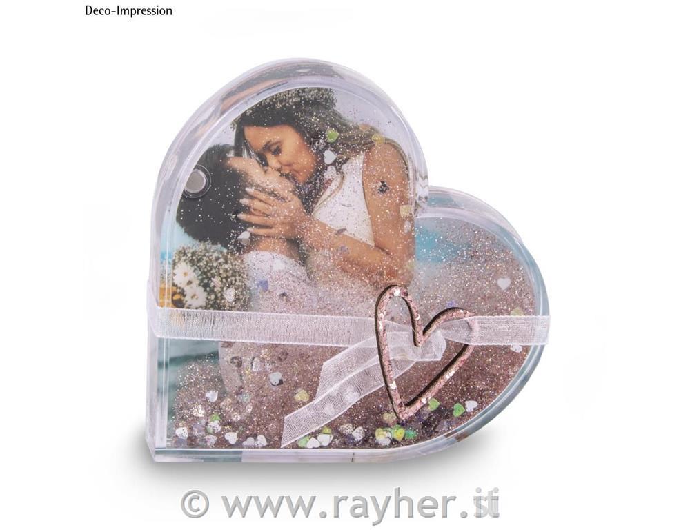 Acryl.magnet pict.frame Heart w.glitter9,4x2,4x9,4cm, snow globe effect