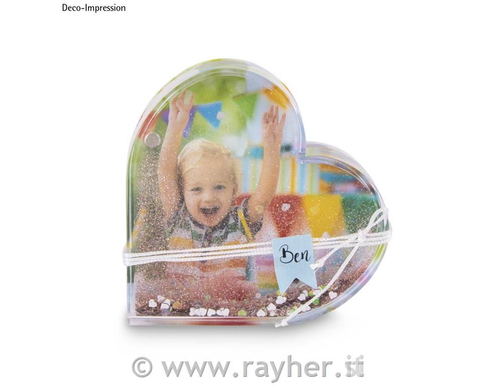 Acryl.magnet pict.frame Heart w.glitter9,4x2,4x9,4cm, snow globe effect