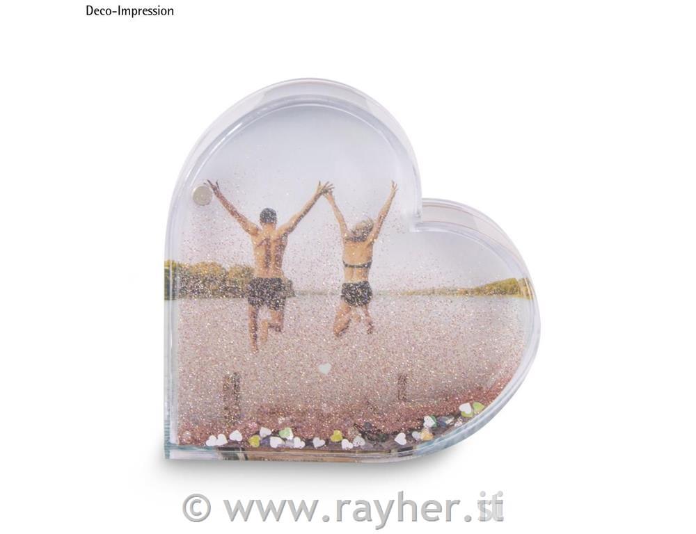Acryl.magnet pict.frame Heart w.glitter9,4x2,4x9,4cm, snow globe effect