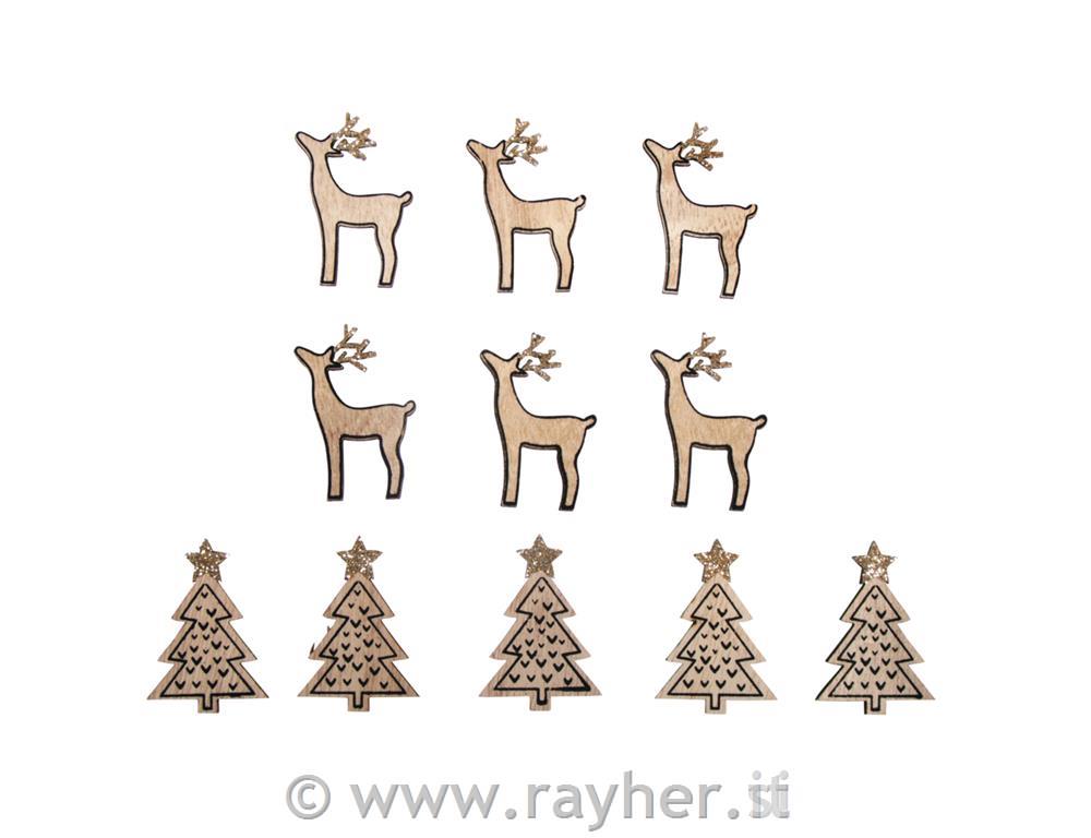 Miniature legno albero di natale+cervo,3x4,5cm, assortito, bus.blis. 10pz