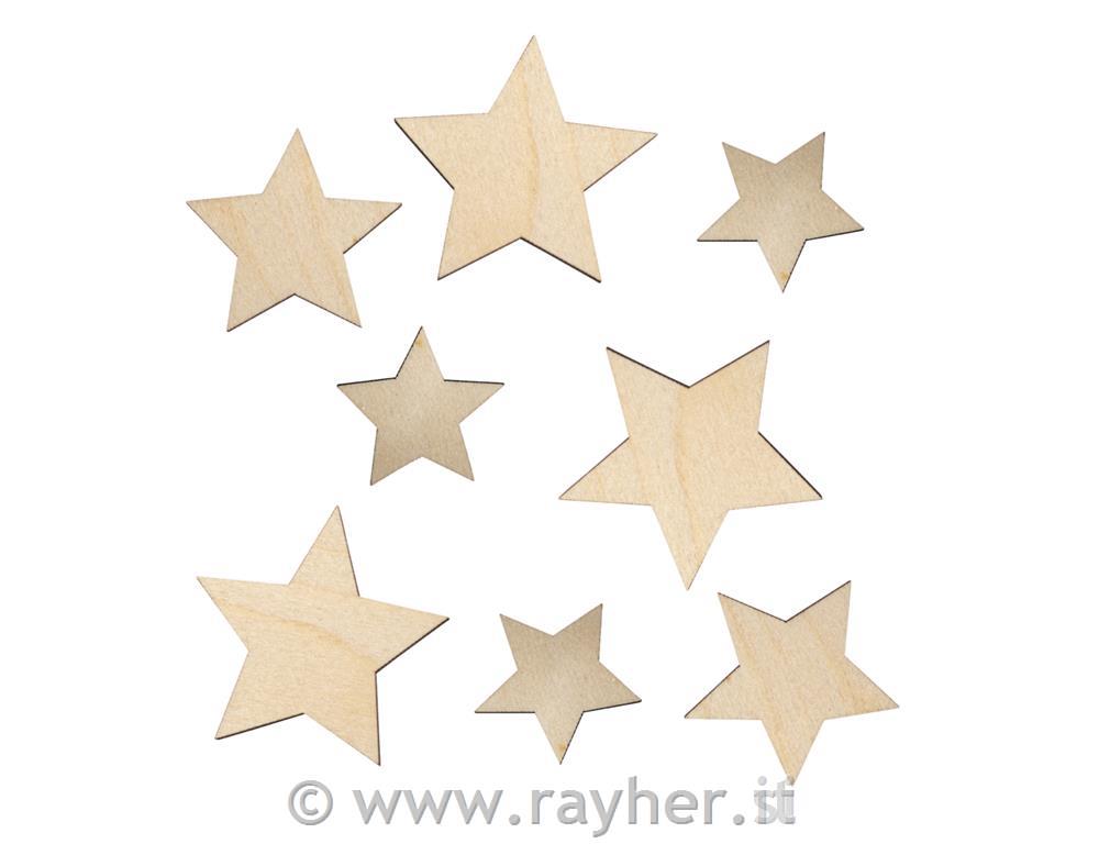 Wooden stars, natural, FSC Mix Creditassorted, 3.5-5.5cmo, tab-bag 8pcs