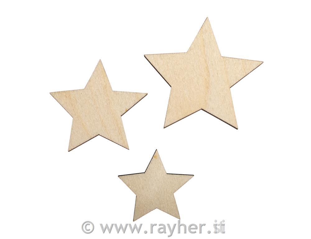 Wooden stars, natural, FSC Mix Creditassorted, 3.5-5.5cmo, tab-bag 8pcs