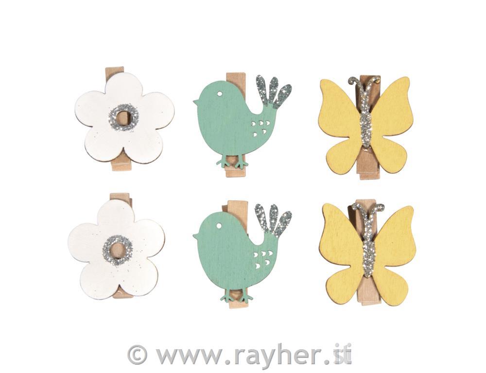 Lesene ščipalke, Rožice, metulji, ptički, 3-3.5cm, set 6