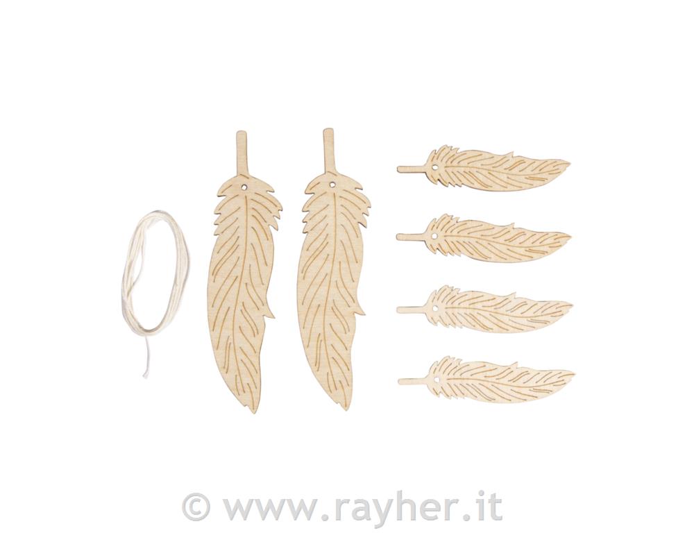 Decorazioni in legno, piume+filo
