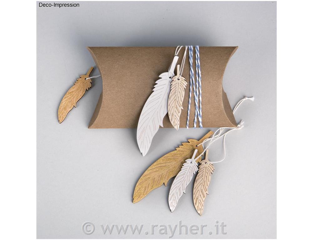 Decorazioni in legno, piume+filo