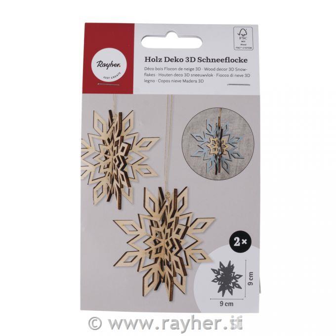 Fiocco di neve in legno 3D, set da 2, 9cm