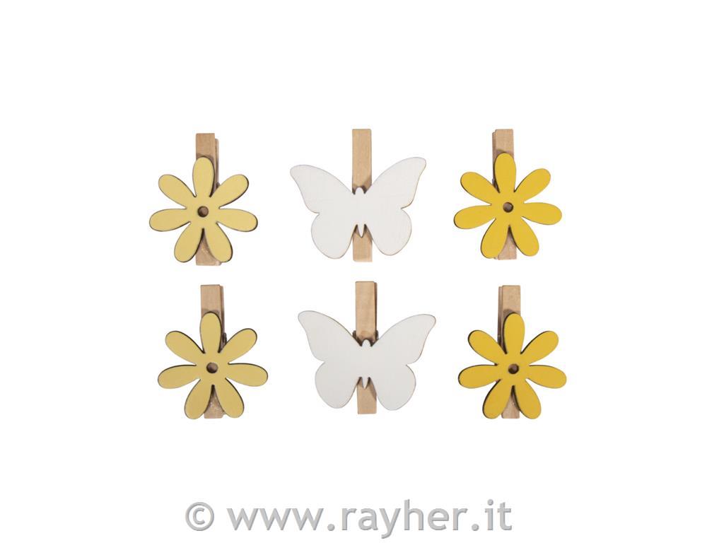 Mollette in legno, farfalle, fiori, set6