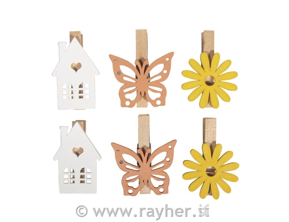 Lesene ščipalke, hiške, rožice, metulji, set 6