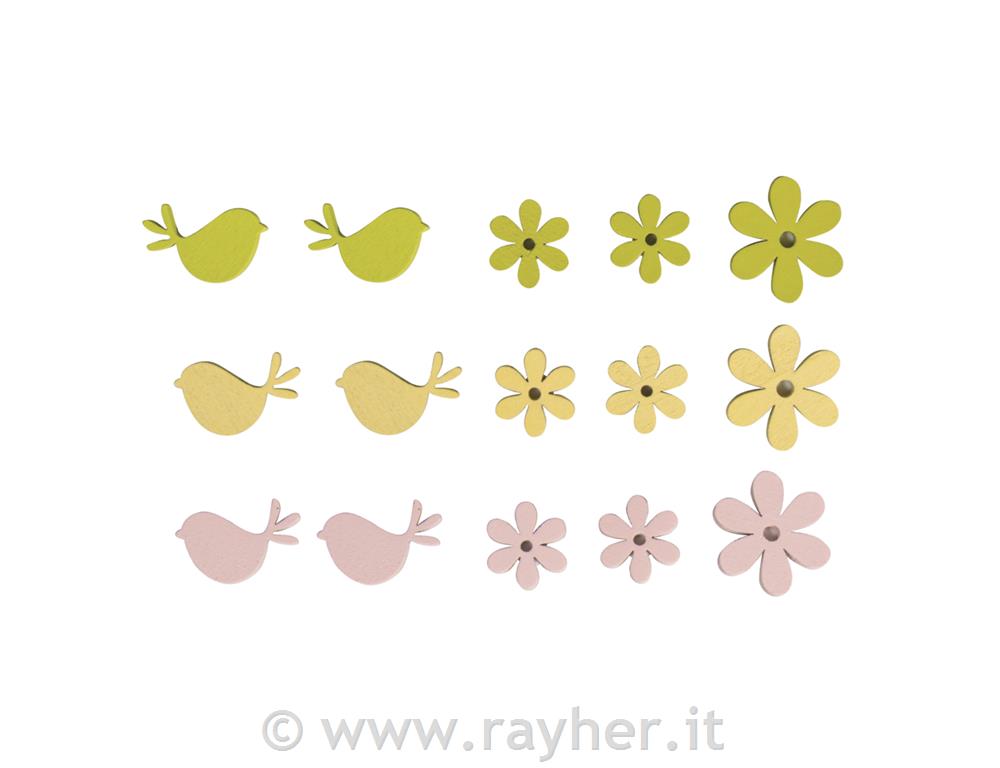 Uccelli e fiori in legno 2,3-3,3 cm; 15 pz