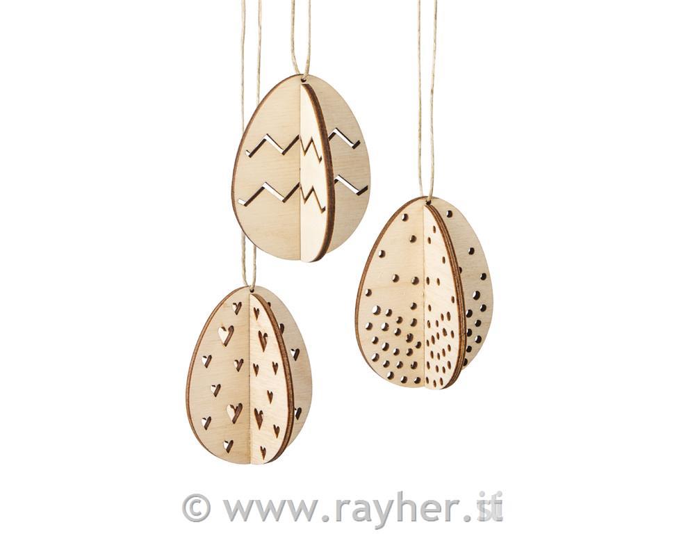 Uova in legno 3D, 5,5x7cm, set 3 pz