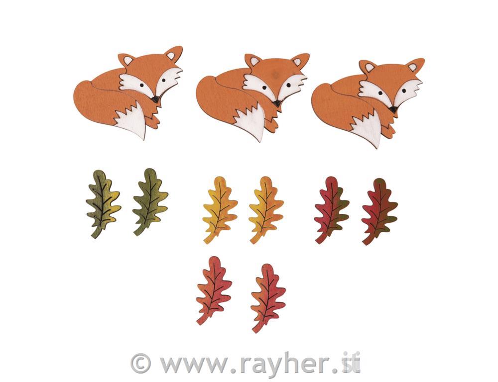 Decoro in legno Volpe e foglie 11 pzcm, 11pz