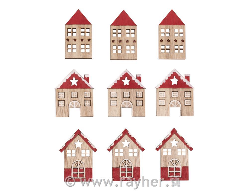 Wood decorative shapes House4.5-4.2cm, w. adh. dot, tab-bag 9pcs
