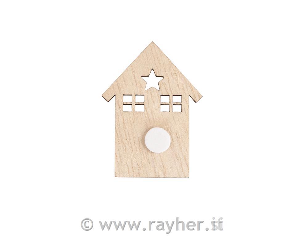 Wood decorative shapes House4.5-4.2cm, w. adh. dot, tab-bag 9pcs