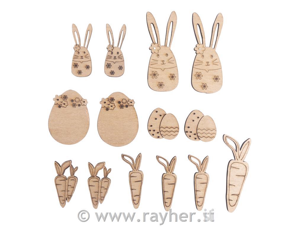 Wooden shapes Easter, FSC Mix Credit, natural, 1.7-6cm, assorted, tab-bag 14pcs