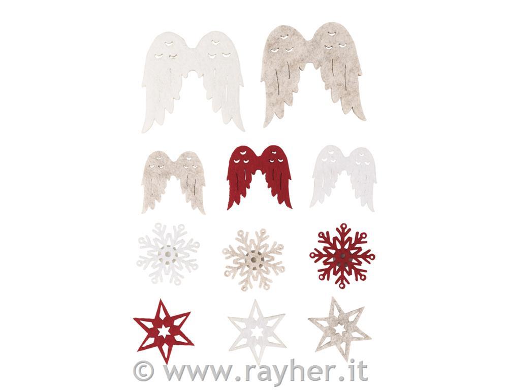 Ornamenti in feltro Fiocco di neve, stela, ali 3,5-5,4 cm 11 pezzi
