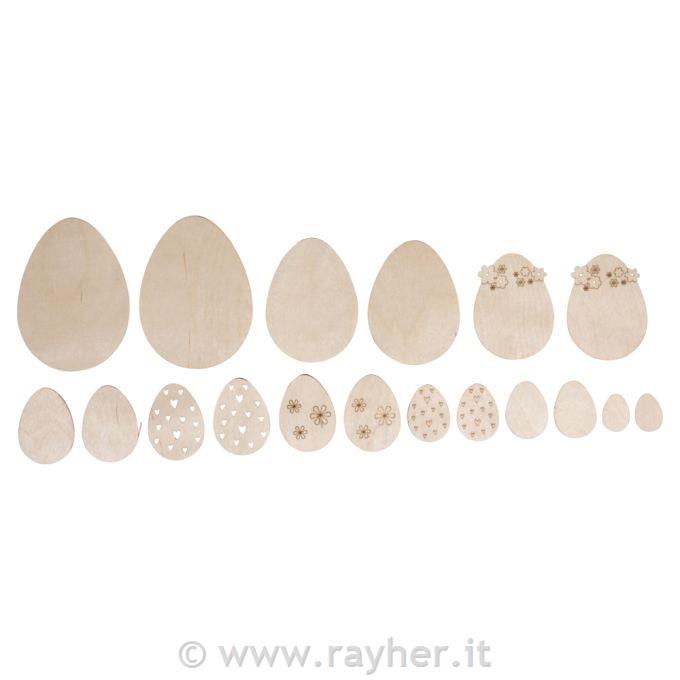 Okraski iz furnirja Velikonočna jajca, 2-8 cm, deb. 1mm, 18 kosov
