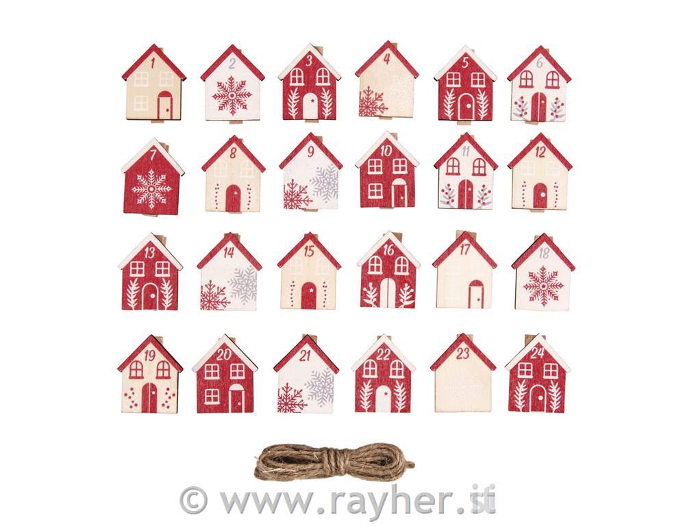 Adventne številke ščipalke, hišice + vrvica 3x3.5cm, set 24