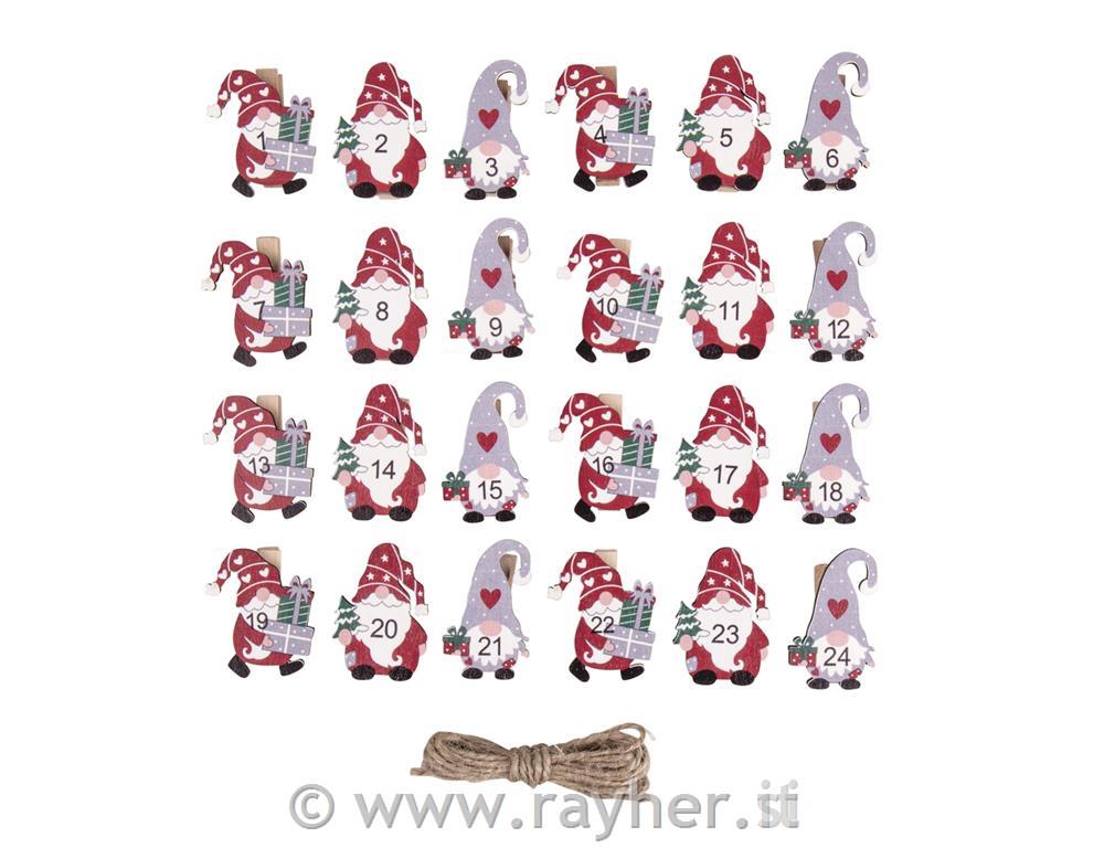 Adventne številke ščipalke, palčki + vrvica 4-4.3cm, set 24