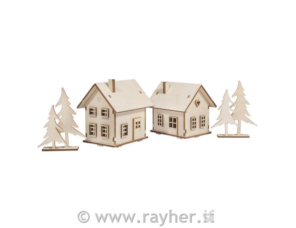 Leseni set za izdelavo hišic z lučkami, 46-delni
