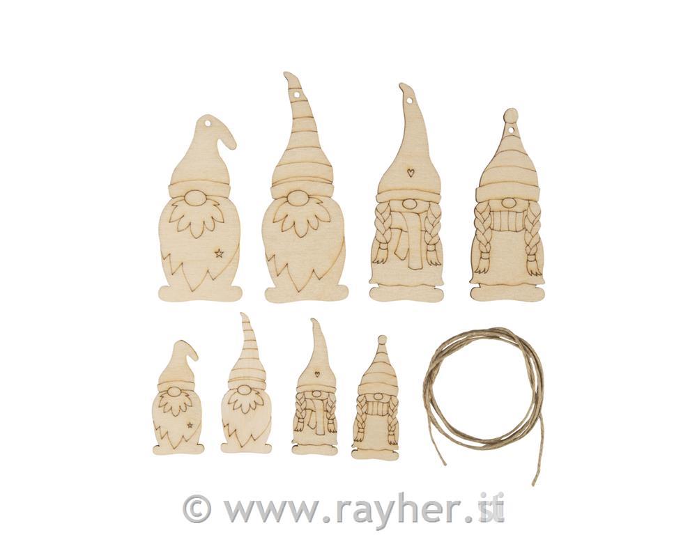 Wood decor Gnome family, natural, 4.5-9cm, + cord, 8pcs