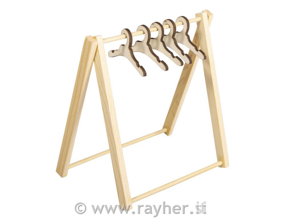 Mini wood garment rack, natural, 11.5x12cm, +5 coat-hangers, 1set