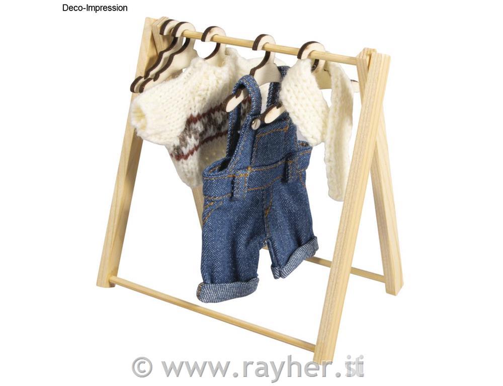 Mini wood garment rack, natural, 11.5x12cm, +5 coat-hangers, 1set
