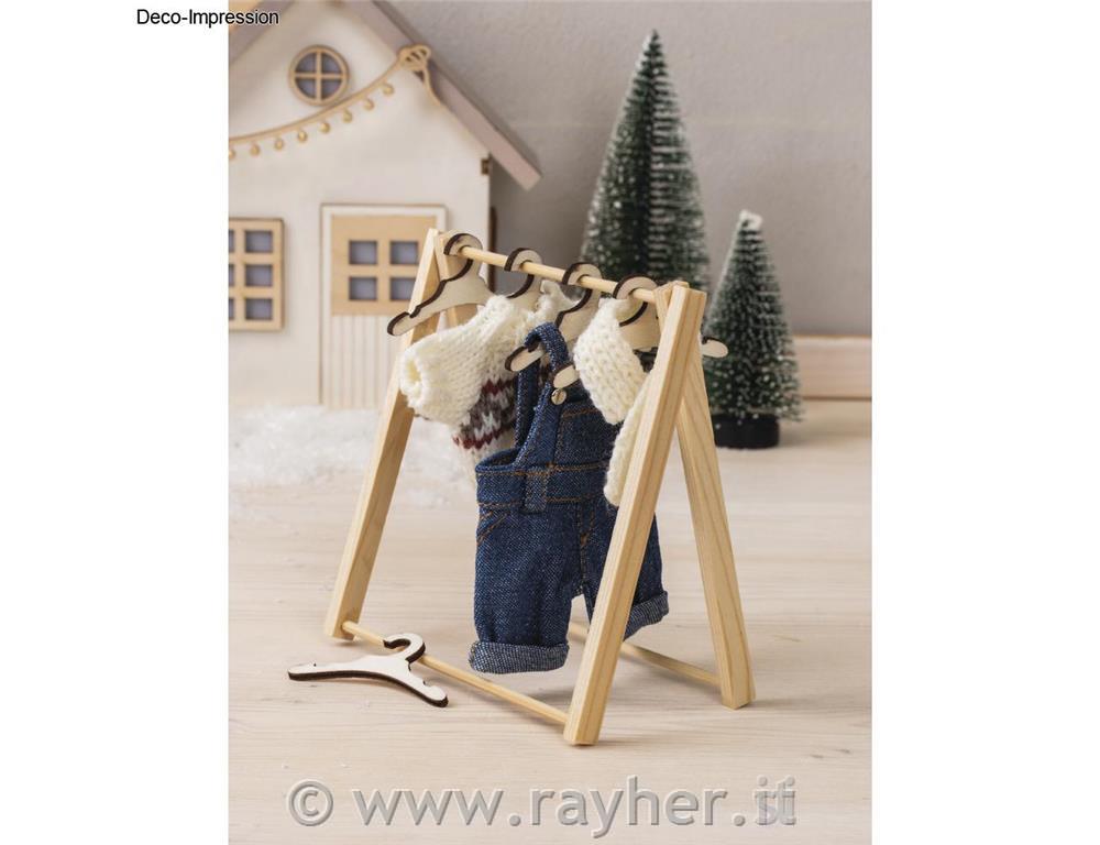 Mini wood garment rack, natural, 11.5x12cm, +5 coat-hangers, 1set