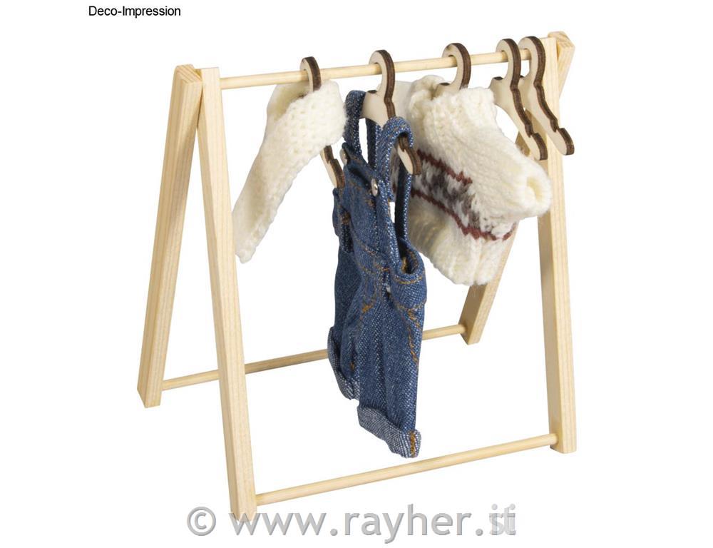 Mini wood garment rack, natural, 11.5x12cm, +5 coat-hangers, 1set