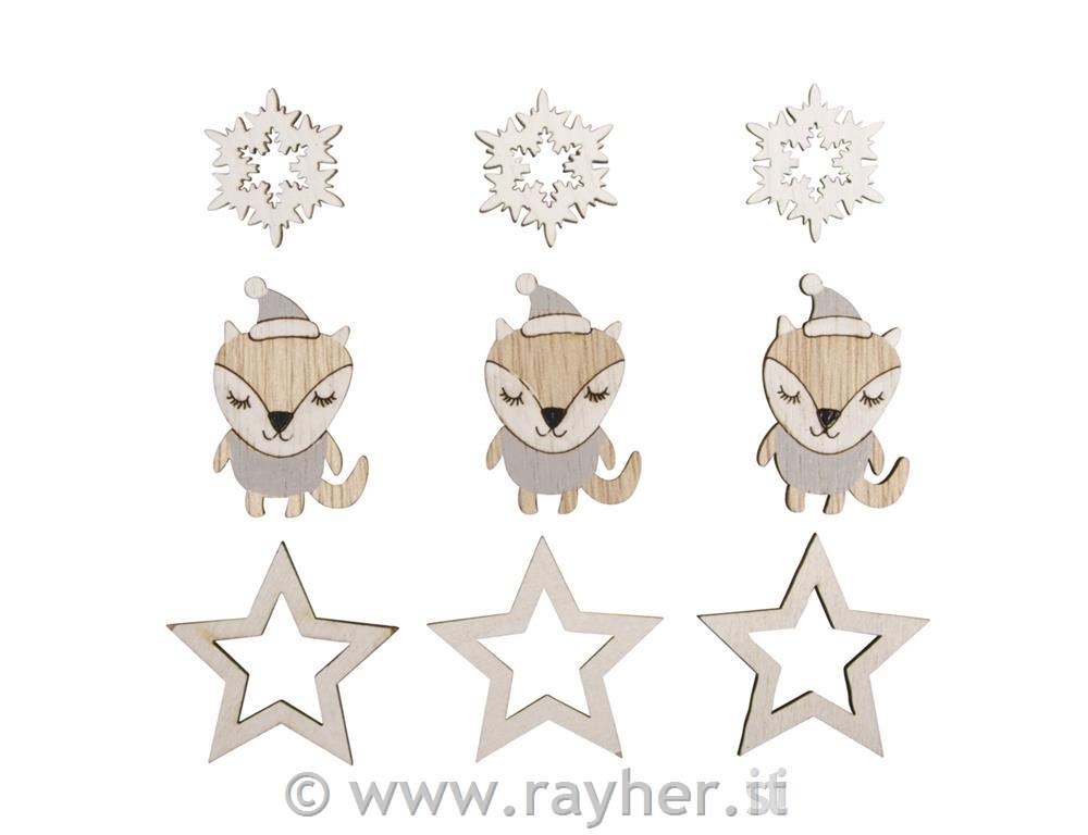 Decorazioni in legno, Volpette, stelle,fiocchi di neve, set 9