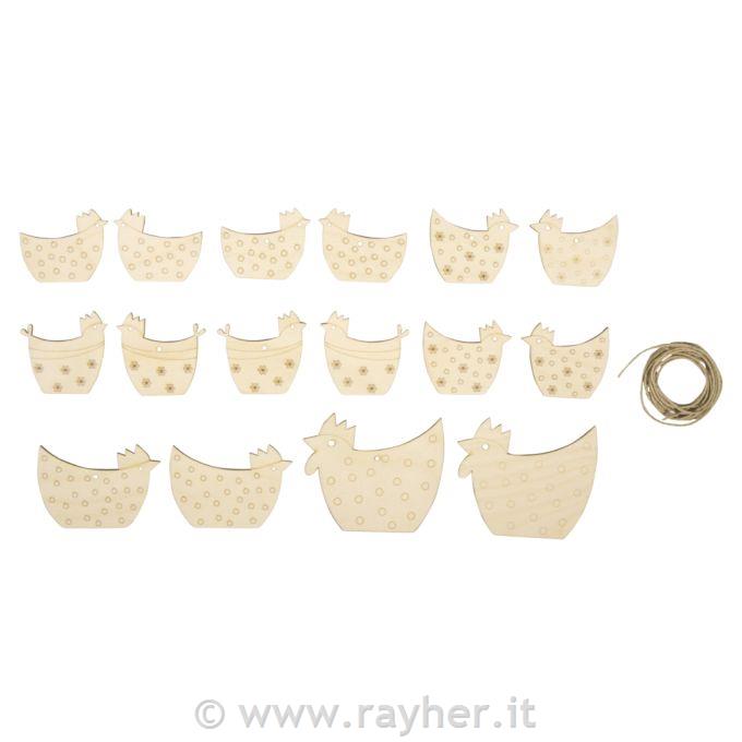 Decorazione in legno Gallo+Pollo5-8 cm, + cordino 2,5 m, scatola 16 pezz